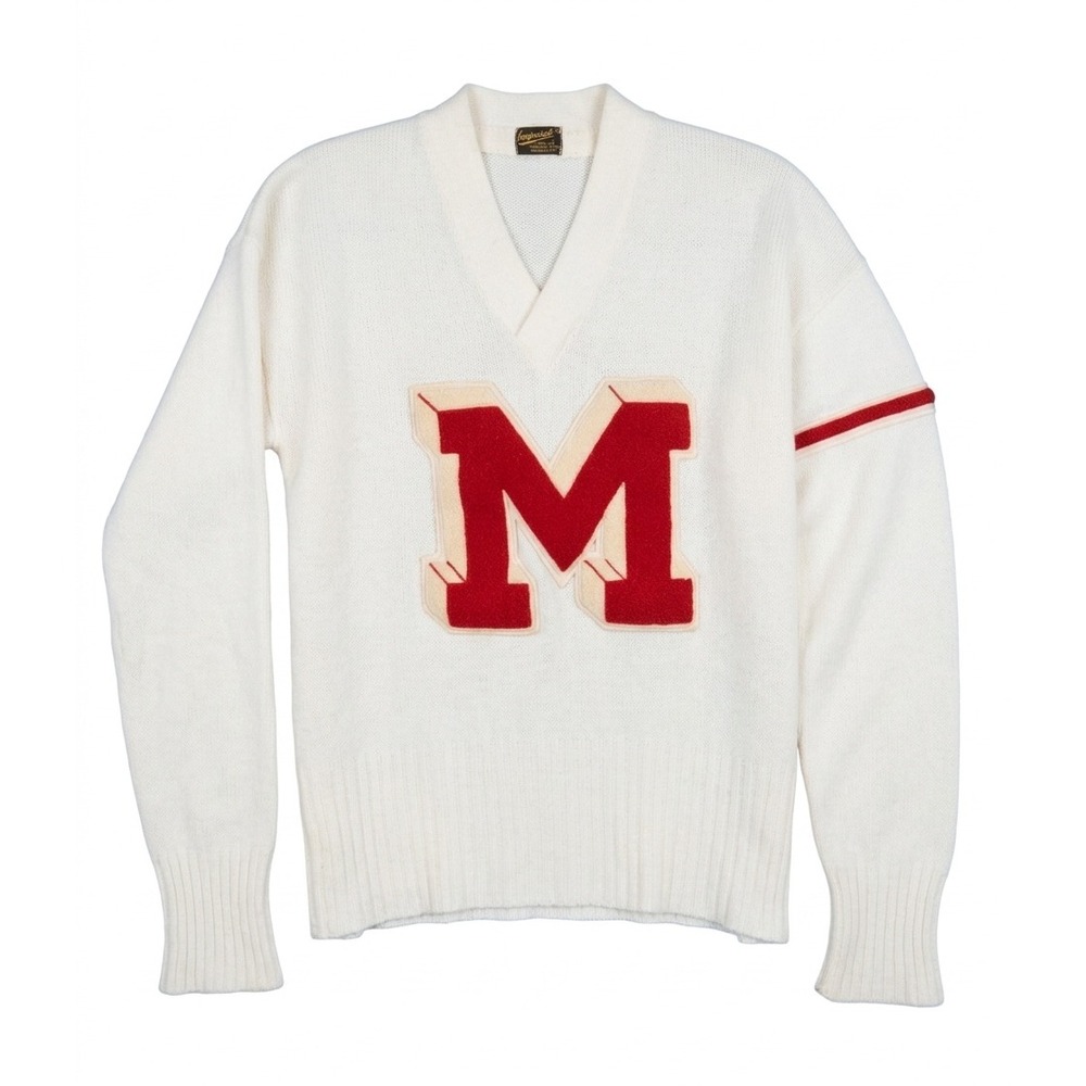 Imperial Vtg Letterman Sweater Mens 44 Cream‎ Red M Patch Orlon V-Neck 50s 60s